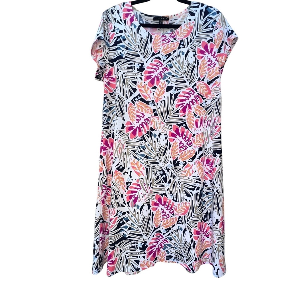Tiana B Womens XL Tropical Palm Leaf Print Short Sleeve Shift Dress Pink Navy‎